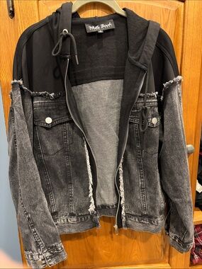 white birch Black and Gray Washed Denim Layered Bomber Jacket size small